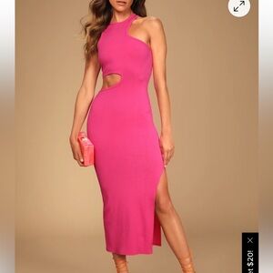 Lulu's Hot Pink asymmetrical Cutout Midi Knit Dress. NWT Small